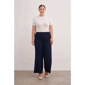 Pantalon palazzo taille haute pour femme, coupe large, bleu marine, en tissu froissé respirant avec taille élastique - Product Image 2