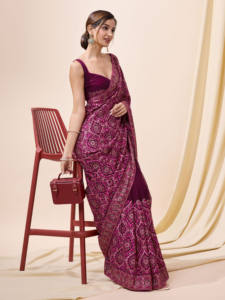 Trendmalls, Sari bordado de seda Vichitra para mujer con pieza de blusa sin costuras (), ropa india y pakistaní - Product Image 3