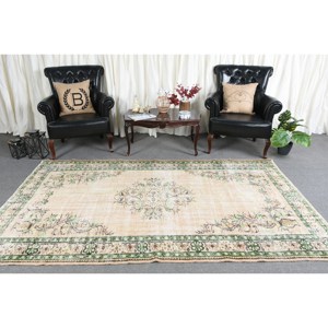 Alfombra de lana turca Vintage de 5x9 pies, diseño de retales verde beige, estilo clásico para decoración del hogar, técnica de tejido plano para sala de estar - Product Image 1