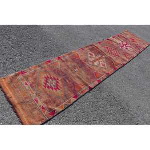 2.4x11.4 ft Herki Turkish Rug, <b>Brown</b> Bordered Vintage Rug <b>Wool</b> - Product Image 2
