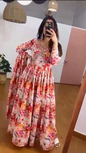 Indian Ethnic Georgette Gown Multi-Shade Lace <b>Fox</b> Printed Tunic Short Kurti Casual Office Wedding Ready-Wear Top Washable - Product Image 4