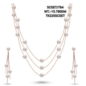 Ensemble de Collier Boucles d'Oreilles en Argent Massif 925 Moderne, Chaîne de 18 Pouces avec Perle Blanche, Pierres Précieuses, Cadeau de Noël, Collier de Demoiselle d'Honneur à 3 Couches - Product Image 4