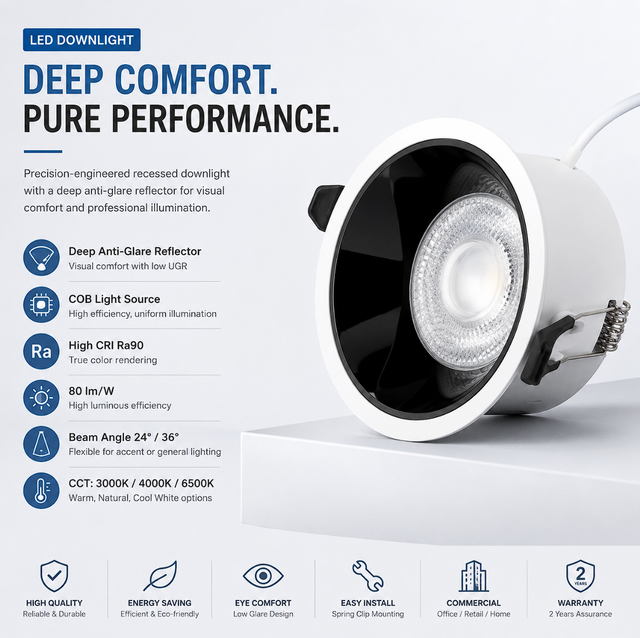 Modern Narrow Trim 7W-30W Recessed LED Downlight High CRI 90 EagleRise Driver Deep Anti-Glare Reflector Aluminum Hotel Ceiling
