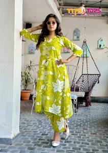 Exclusif rayonne coton imprimé A-ligne col motif poche Co-Ord ensemble indien pakistanais tenue décontracté pour les fêtes d'été en gros - Product Image 3