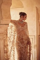 Saree + Blouse Set Wanita Bahan Georgette Sutra Imitasi Bulu Berkualitas Tinggi Warna Emas Terinspirasi Bollywood, Model Zalar yang Cantik untuk Pesta