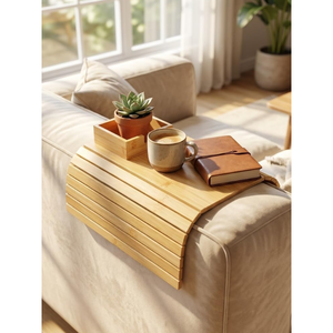 Bamboo <b>Foldable</b> Sofa Side Tray Organizer-<b>Wooden</b> Couch Arm <b>Table</b> with Cup and Remote Holder - Product Image 2