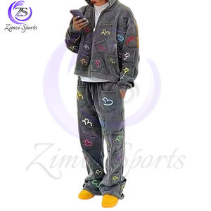 2025 fabricante personalizado buen proveedor grueso desgastado Vintage bordado parche hombres ácido lavado Zip Up Rhinestone chándales - Product Image 1