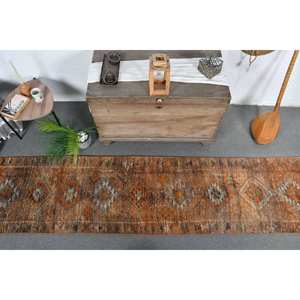 Tapis turc Vintage Bohème Marron Orange Patchwork Design 2.3x11.3 pieds Tapis de chevet Laine avec support en Latex pour chambre à coucher - Product Image 5
