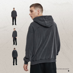 Sweat à capuche oversize pour homme, 100% coton molletonné, impression numérique, hiver, délavé à l'acide, uni, sans cordon, 300 grammes - Product Image 2