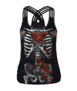 Cómodo Cool Active Halloween Mujeres Tank Top Hollow Out Skull Print Gothic Rose Chaleco Sin mangas Streetwear Fitness Top - Product Image 5