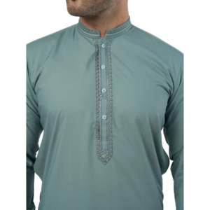 <b>Mens</b> Seafoam Green Salwar Kameez Cotton <b>Kurta</b> Pajama Band Collar Embroidered Semi Formal Ethnic Wear - Product Image 4