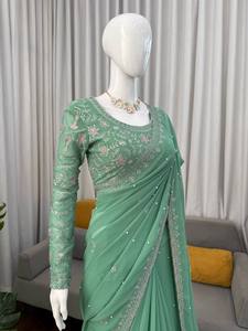 Sari de Georgette Sintética de Diseño D FASHION GURU con Bordado de Hilo, Lentejuelas y Perlas |   Ropa de Fiesta Premium de Secado Rápido - Product Image 4