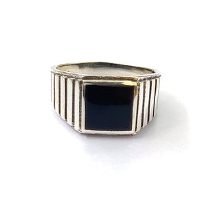 High Grade Black Onyx Men's <b>Statement</b> <b>Ring</b> 5.2 Grams Rhodium Plated Bezel Setting Geometric Pattern Everyday Wear - Product Image 1