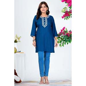 Kurti Azul Marino Bordado para Mujer con Mangas 3/4, Elegante, Casual y para Oficina, Hecho de Tela Popelina Transpirable - Product Image 6