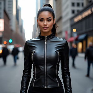 Venta al por mayor señoras recortadas de piel de oveja chaquetas de cuero de la motocicleta | Mujeres Streetwear mangas desmontables Chaqueta corta de cuero del motorista - Product Image 4