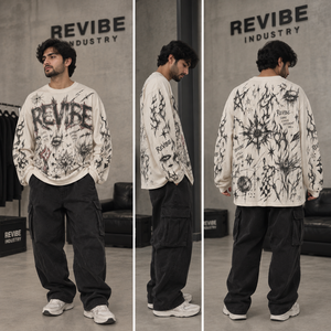 Washed <b>White</b> Mechanical Print <b>Long</b> <b>Sleeve</b> T <b>Shirt</b> Boxy Fit Heavyweight Cotton Custom Graphic Tee Private Label - Product Image 2