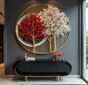 Luxury <b>white</b> blossom tree metal art on a circular backplate. Available at wholesale prices. - Product Image 4