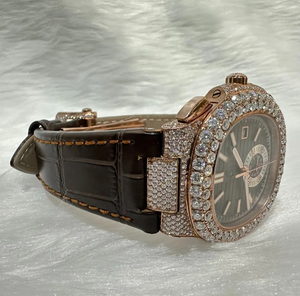 นาฬิกาข้อมือหนังแท้ประดับเพชรแบบตั้งวันที่อัตโนมัติขายดีที่สุด ขอบหน้าปัดประดับเพชรเต็มแบบฮิปฮอป นาฬิกาจักรกลสุดหรู - Product Image 2
