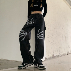 Emo Black Jeans Gothic Black Straight <b>Baggy</b> <b>Trouser</b> Alt Wide Leg Denim Pants Print Goth Punk Gall Skull Hip Hop Casual Autumn - Product Image 4