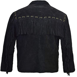 High Top Quality Fringed & Beaded Original Cow Suede Leather <b>Western</b> Style Men Full Black Cowboy Leather <b>Jacket</b> - Product Image 4