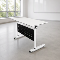 Table de formation XHS-804 à structure en T 1200x400x750mm avec panier de rangement à lattes et base à roulettes pour salle de classe, réunion, conférence, blanche