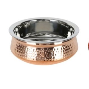 Commercial Restaurant &amp; Hotel <strong>Hammered</strong> Steel Handi <strong>Wok</strong> with 7in Copper <strong>Bottom</strong> Inner Stainless Steel Serving Dish - Product Image 1