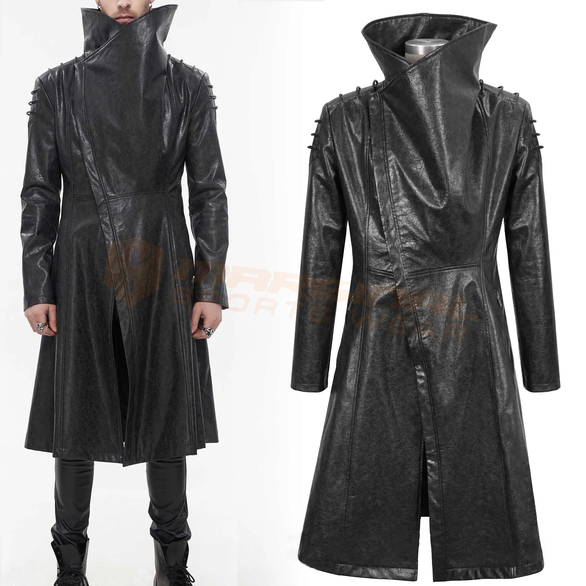 ملابس قوطية للرجال معطف من الجلد الأسود بنمط قوطي معطف أسود للرجال معطف طويل قوطي من الجلد الصناعي
