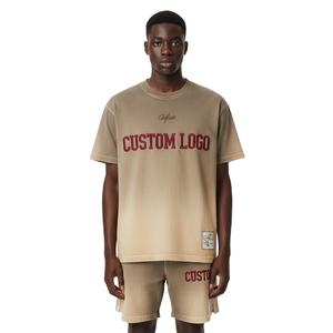 Camiseta personalizada con logo para hombre, estilo vintage, efecto desgastado por el sol, conjunto de pantalones cortos para hombre, conjunto de verano de camiseta de manga corta y pantalones cortos. - Product Image 2