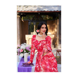 Ropa étnica india Diseño hermoso Ropa de boda y fiesta Tela de mármol sin peso Impreso con borde de encaje de perlas Saree - Product Image 1