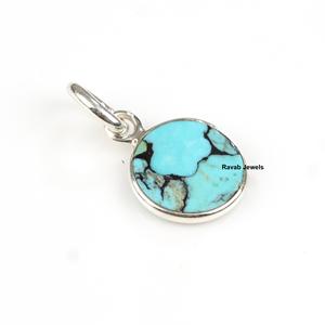 Haute qualité 925 en argent Sterling 12mm naturel tibétain Kingman Turquoise forme classique pendentif Simple minimaliste Midi Design Fine - Product Image 1