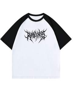 T-shirt graphique unisexe noir et blanc à manches raglan, imprimé logo gothique, manches courtes, coton, streetwear décontracté, coupe ample, haut d'été - Product Image 1