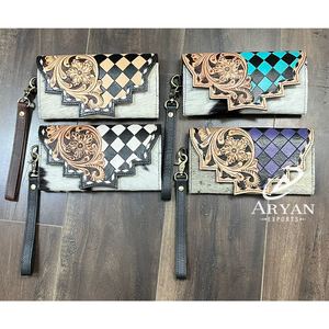 New Arrival Hand Tooled Cowhide Leather Women's Hand Clutch Genuine Checkered Leather Western Style Card Holder Wristlet Wallets - Product Image 1
