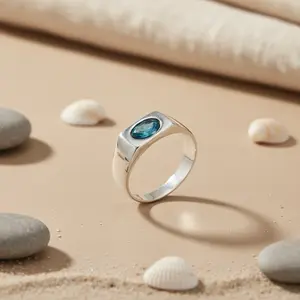 แหวนเงินแท้ 925 ประดับบลูโทปาซทรงรี ชุบโรเดียม ตัวเรือนแพลตตินัม สำหรับผู้ชาย ของขวัญเครื่องประดับชั้นดี - Product Image 3