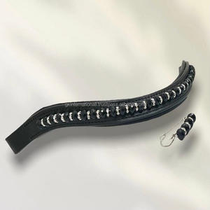 High Quality Black Crystals Pearls Dressage Brow <b>Band</b> Wave Shape Leather Horse Brow <b>Band</b> with <b>Snap</b> Button for Loops Closure - Product Image 4