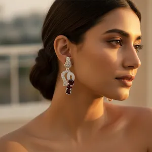 Boucles d'oreilles pendantes en améthyste et grenat pour femmes - Cadeau en argent 925 avec perle d'eau douce plaquée or, design floral - Product Image 1