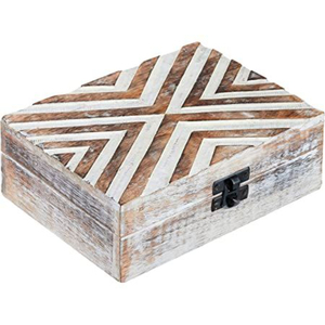 Handcrafted <b>Wooden</b> Storage <b>Box</b> <b>With</b> Vintage Distressed Finish & Geometric Line Design Decorative Organizer <b>With</b> Hinged <b>Lid</b> - Product Image 1
