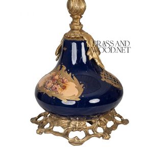 Antique porcelain and brass table <b>lamp</b> with deep blue floral <b>base</b> elegant golden details and fabric shade for timeless luxury - Product Image 4
