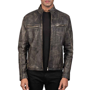 Veste en cuir véritable pour homme, style motard, col montant, fermeture éclair cool, personnalisable, vêtement d'extérieur de qualité supérieure, devant - Product Image 1