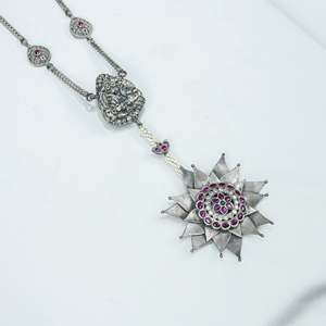 Anokhi Bloom Flower Statement <b>Necklace</b> Trendy 925 Silver with Gold Plating <b>Ruby</b> Diamond Pearl on a Rope Chain for Parties - Product Image 3