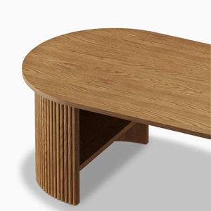 Modern <b>Solid</b> <b>Wood</b> Coffee <b>Table</b> with Elegant Oval Design and Vertical Roster Textured Cylinder Legs for Aesthetic Classy Interior - Product Image 2