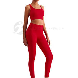 ชุดออกกำลังกายผ้าสแปนเด็กซ์/ โพลีเอสเตอร์สำหรับผู้หญิงชุดโยคะเอวยางยืดสีพื้นไร้ตะเข็บมีโลโก้ออกแบบได้ตามต้องการ - Product Image 2