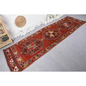 พรมปูพื้นขนาดใหญ่สไตล์ตุรกีโบราณสีเบจสีแดงแบบคลาสสิก2.8 x 9.6ft การออกแบบการเย็บปะติดปะต่อกันแบบสี่เหลี่ยมผืนผ้าสำหรับห้องนอนโถงทางเดินวัสดุขนสัตว์น้ำยาง - Product Image 2