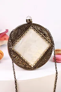 กระเป๋าคลัทช์สีรุ้งสไตล์วินเทจของแม่ไข่มุกยามเย็นงานโลหะทองเหลืองสีทองเปลือกหอยแข็งงานฝีมือทำด้วยมือ - Product Image 4