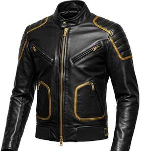 men's black leather motorcycle jacket trim shoulders features <b>gold</b> zippers and distinctive <b>gold</b> piping pockets and shoulders - Product Image 1