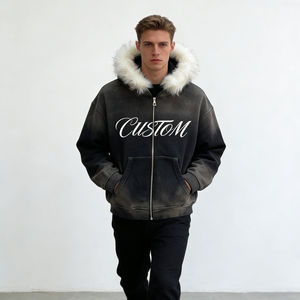 Sweat à capuche oversize noir tie-dye avec bordure en fausse fourrure blanche, impression personnalisée, streetwear décontracté pour homme, sweat à capuche chaud pour l'hiver - Product Image 1