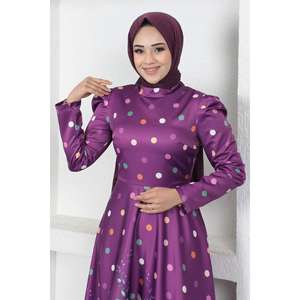 Vestido de Noche Morado con Estampado Floral de Puntos, 100% Poliéster Satinado, Talla XS, Corte en A, Maxi, Estilo de Fiesta, Sin Tejido, MSW12251-1 - Product Image 2