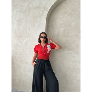 TOPSHOW Women's <b>Red</b> Floral Embroidered Linen <b>Blouse</b> with Chest Detail, Casual Summer Wholesale Shirt Top - Product Image 2
