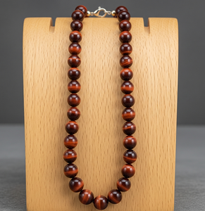 Collar con cuentas de piedra de ojo de tigre rojo Unisex 18 pulgadas plata 925 bloqueo anudado a mano diseño geométrico accesorio de moda - Product Image 2