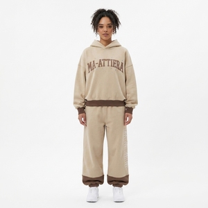 Ensemble survêtement streetwear personnalisé pour femme, beige et marron, coupe oversize, en molleton de coton, vente en gros OEM - Product Image 1