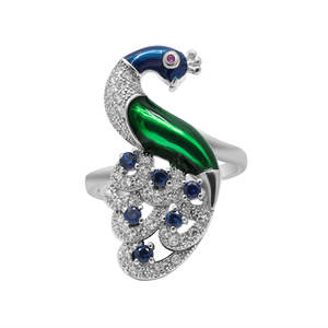 Anillo de Plata de Ley 925 con Forma de Pavo Real, Piedra Preciosa de Circón Cúbico, Natural, Rojo y Esmalte, Regalo de Aniversario, Vintage - Product Image 1